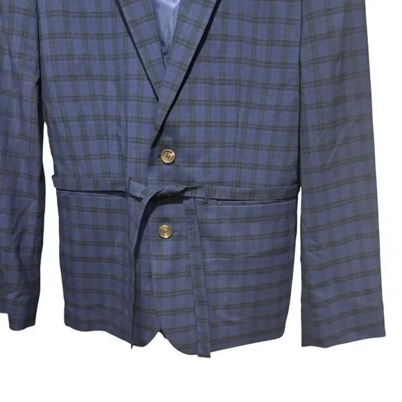 ASOS DESIGN skinny suit belted jacket with dark blue windowpane check